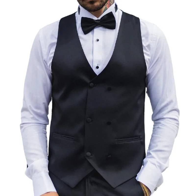 Men's Black Satin Double Breasted Waistcoat Black Tie Dinner Vest