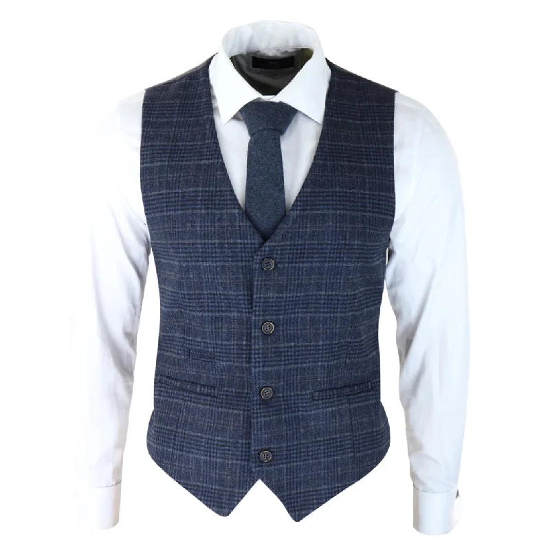 ak-13 - Men's Classic Waistcoat Prince Of Wales Check Blue Wedding