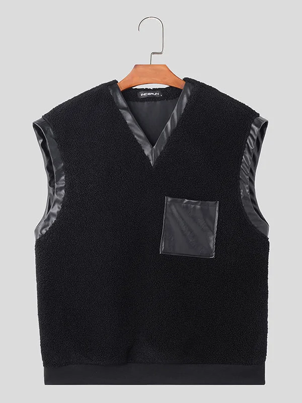 mens-fleece-faux-leather-patchwork-v-neck-waistcoat-skuk45335