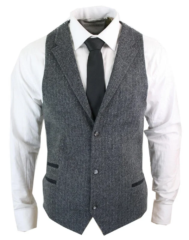 stz11 - Men's Grey Black Blue Waistcoat Tweed Herringbone Wool Blinders