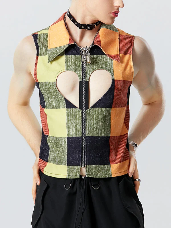 Mens Heart Cutout Colorblock Zip Front Waistcoat SKUK19791