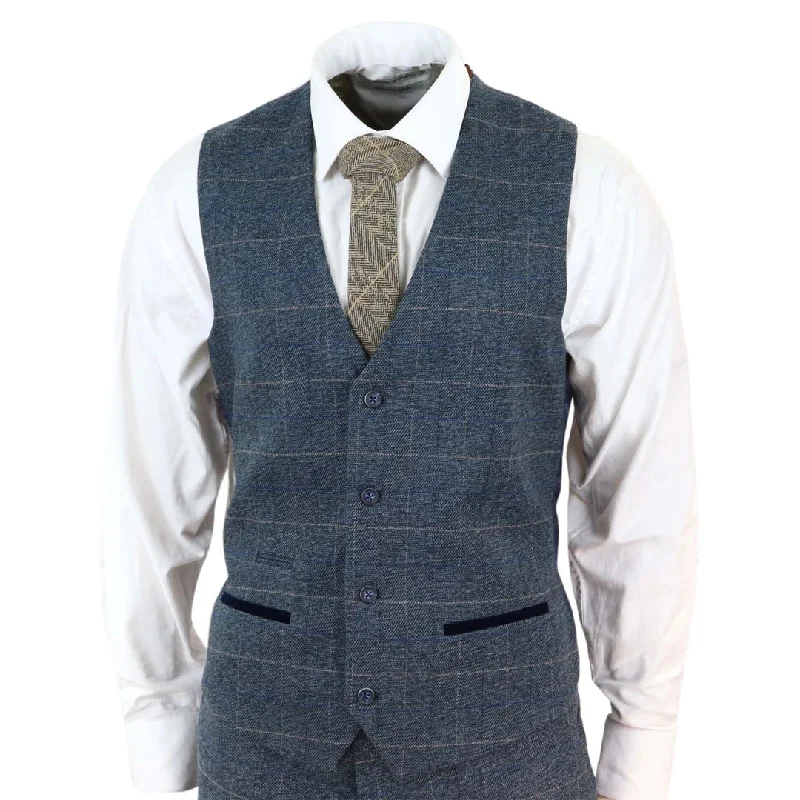 Mens Slim Fit Check Blue Scott Waistcoat Smart Casual Tweed Tan Check Navy