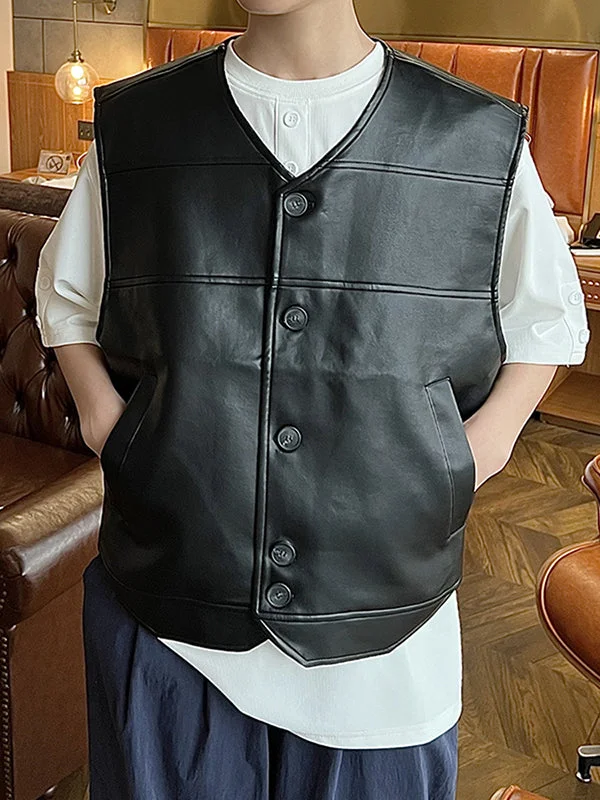 Mens Solid PU Leather Button Front Waistcoat SKUK25627