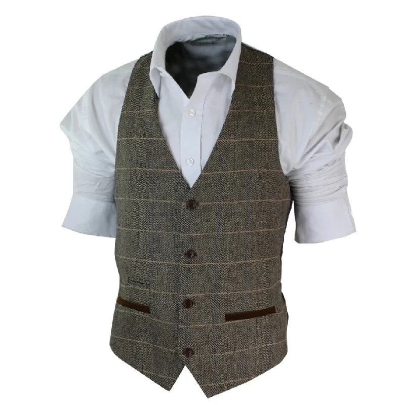 mens-vintage-tweed-check-waistcoat-herringbone-tan-brown-or-charcoal-grey-slim-fit-velvet-trim