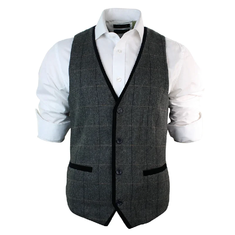 mens-vintage-tweed-check-waistcoat-herringbone-tan-brown-or-charcoal-grey-slim-fit-velvet-trim