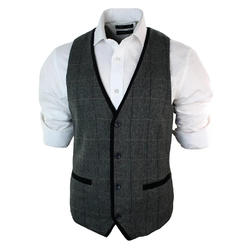 mens-vintage-tweed-check-waistcoat-herringbone-tan-brown-or-charcoal-grey-slim-fit-velvet-trim