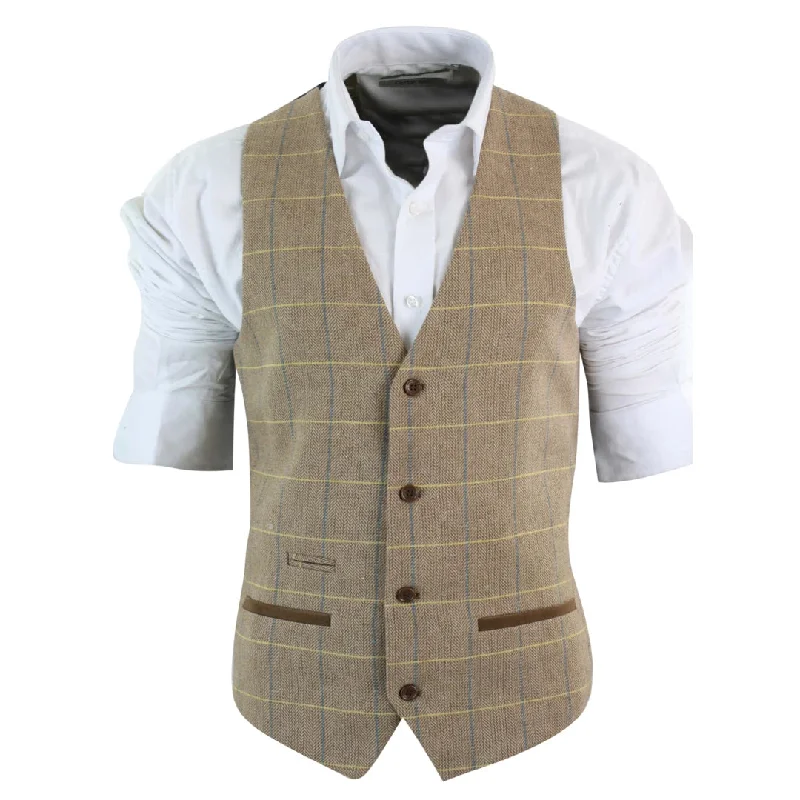 mens-vintage-tweed-check-waistcoat-herringbone-tan-brown-or-charcoal-grey-slim-fit-velvet-trim