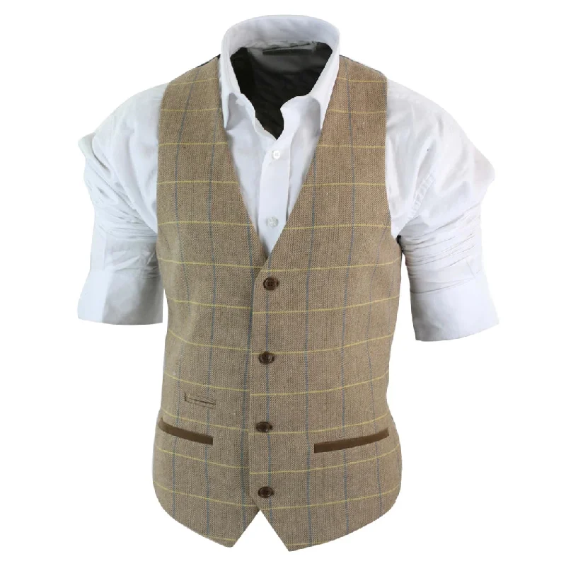 mens-vintage-tweed-check-waistcoat-herringbone-tan-brown-or-charcoal-grey-slim-fit-velvet-trim