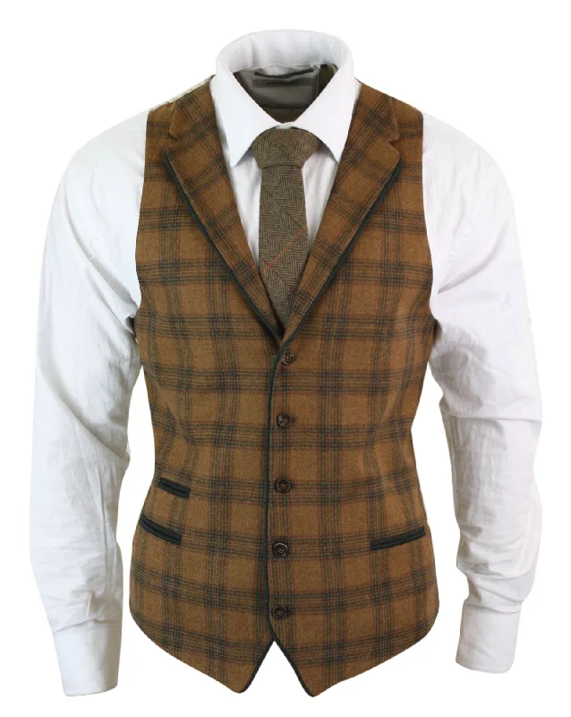 mens-waistcoat-wool-check-herringbone-tweed-brown-black-classic-vintage-fit