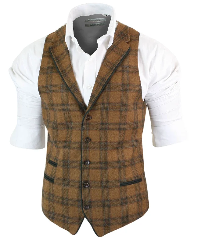 mens-waistcoat-wool-check-herringbone-tweed-brown-black-classic-vintage-fit