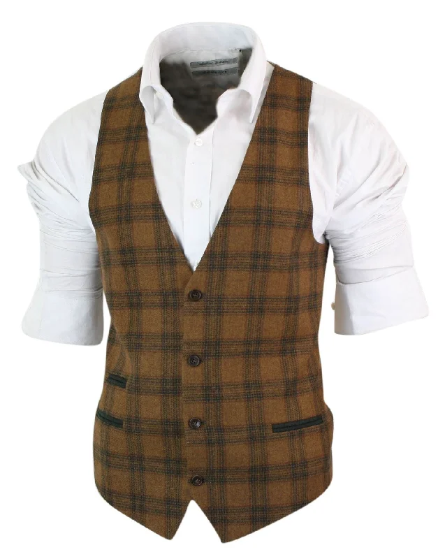 mens-waistcoat-wool-check-herringbone-tweed-brown-black-classic-vintage-fit