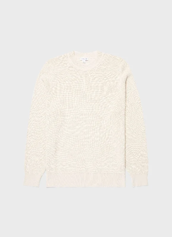 Men's Waffle Stitch Crew Neck Jumper in Ecru