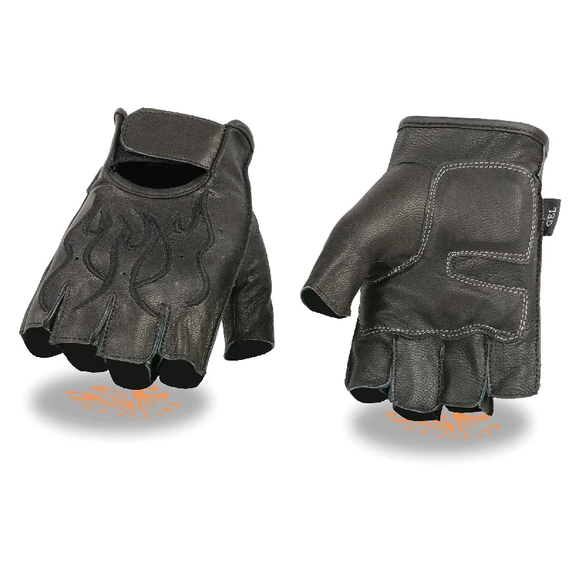 Milwaukee Leather SH198 Men's Black Leather Gel Padded Palm Fingerless Motorcycle Hand Gloves W/ ‘Black Flame Embroidered’