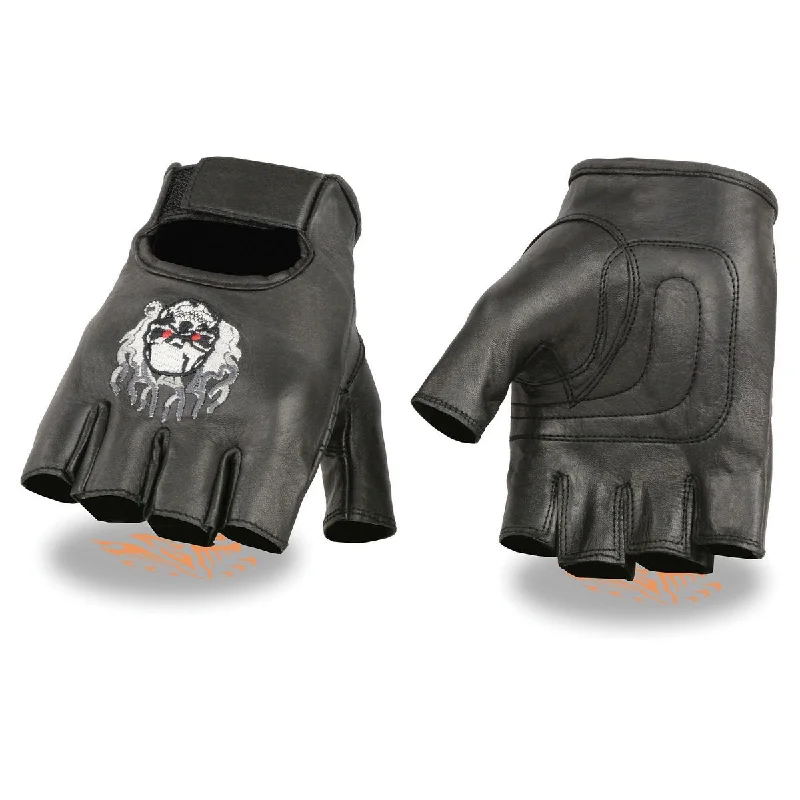 Milwaukee Leather SH351 Men's 'Flaming Skull' Black Leather Fingerless Gloves