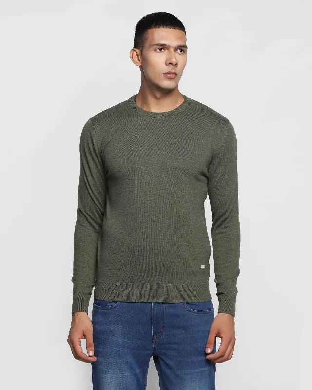 Crew Neck Olive Solid Sweater - Alex