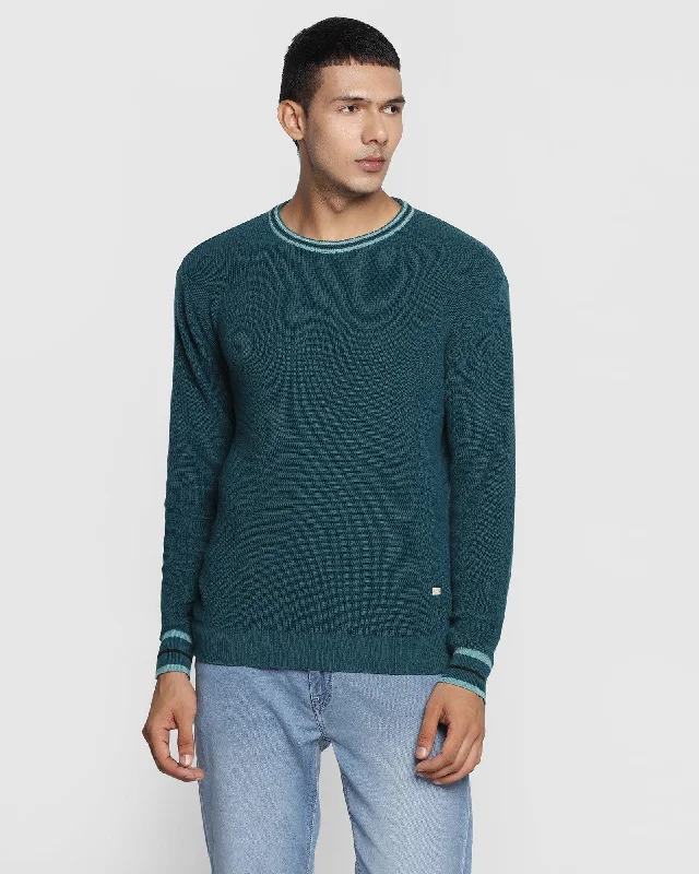 Crew Neck Teal Green Solid Sweater - Bonne