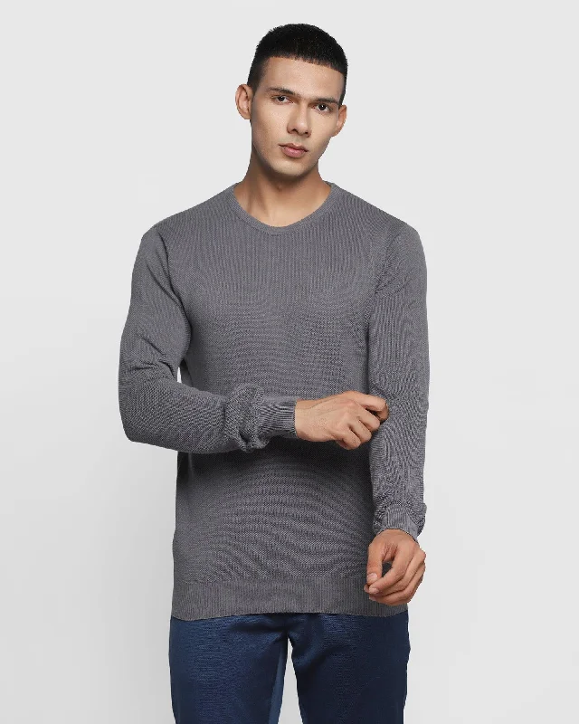 Crew Neck Grey Textured Sweater - Delta