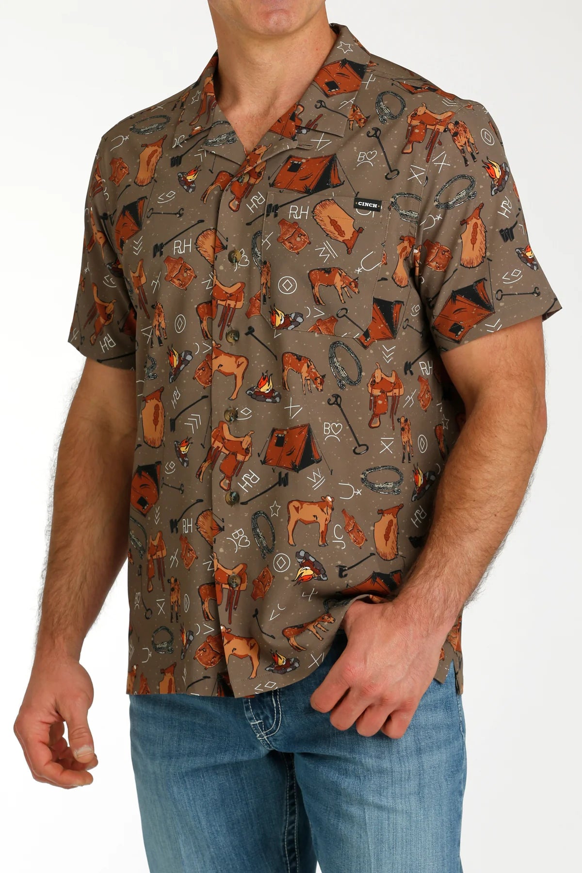 Cinch Chocolate Western Brands & Calf Print Short Sleeve Camp Shirt