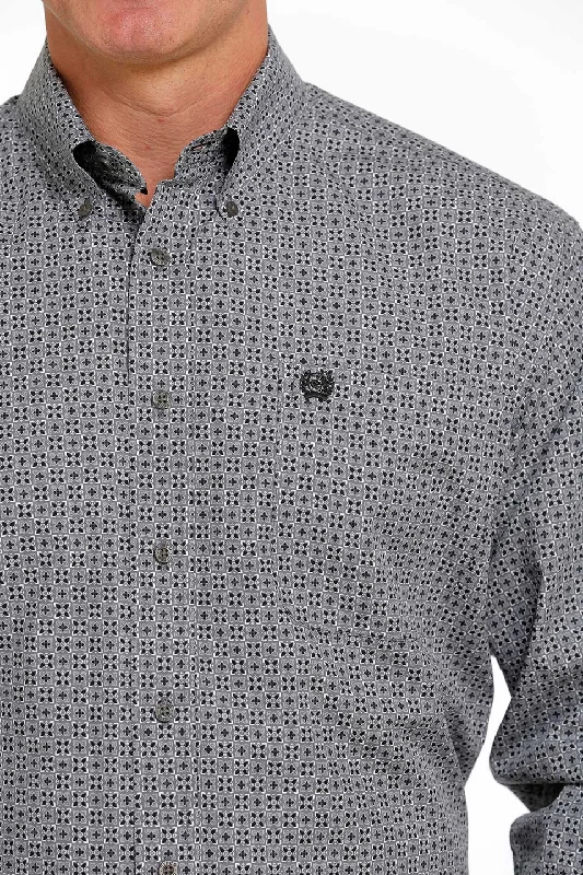 MEN'S GEOMETRIC PRINT BUTTON-DOWN WESTERN SHIRT - GRAY / BLACK