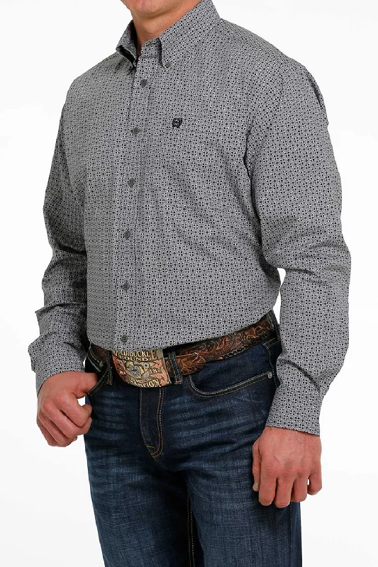 MEN'S GEOMETRIC PRINT BUTTON-DOWN WESTERN SHIRT - GRAY / BLACK