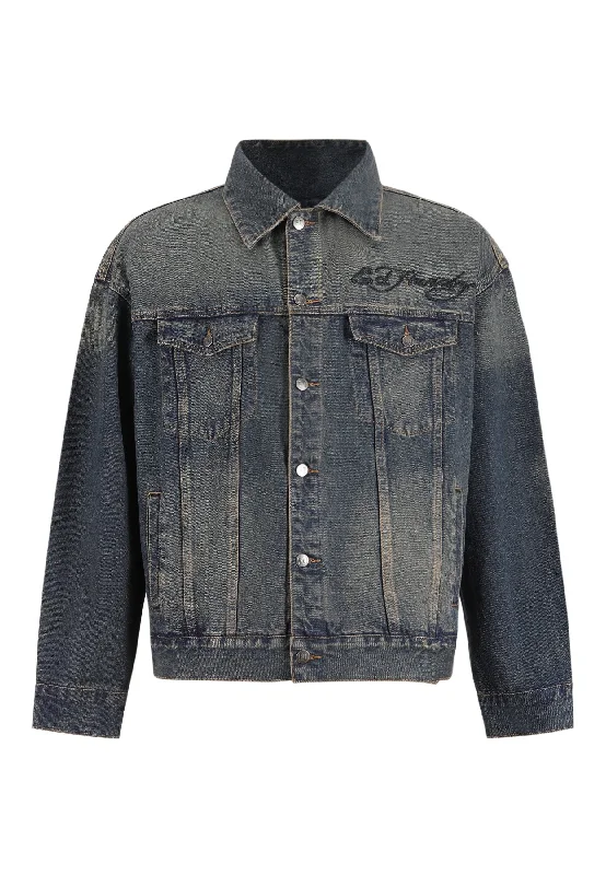 Mens Abstract United Dreams Oversized Denim Jacket - Blue