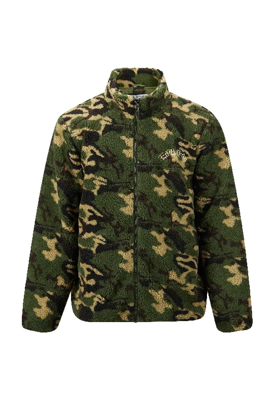 Mens Dragon & Rose Camo Zip Thru Borg Fleece Jacket - Green Camo