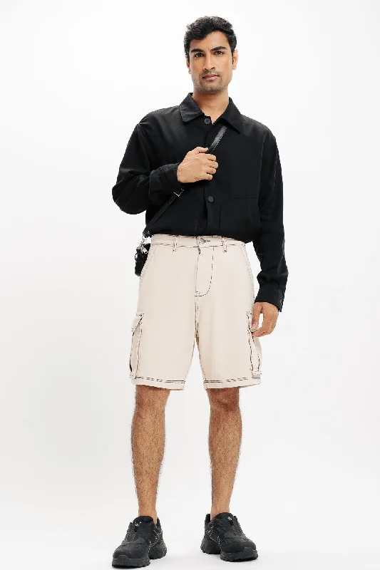 Men's Ecru Contrast-Stitch Cargo Shorts