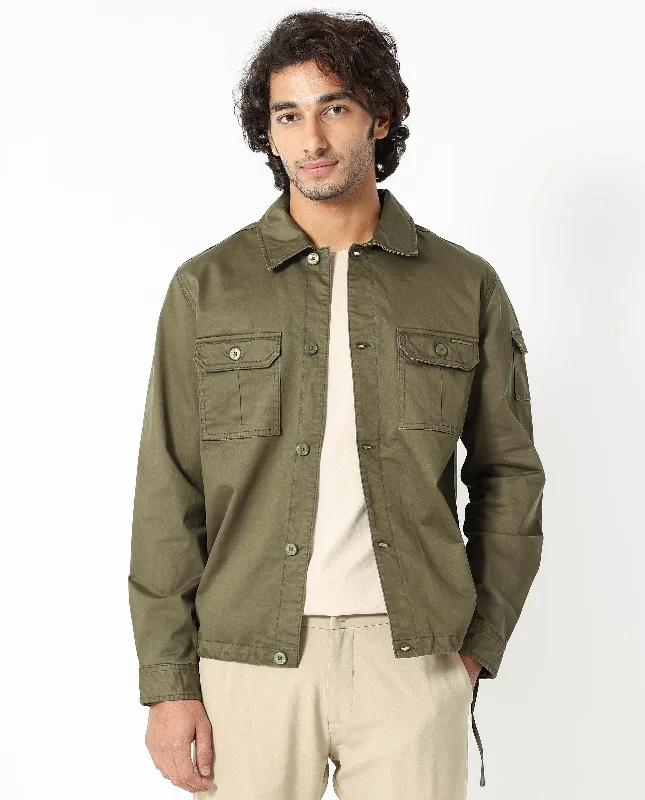 Rare Rabbit Men's Cedro Olive Cotton Lycra Fabric Full Sleeves Dyed Cargo Jacket