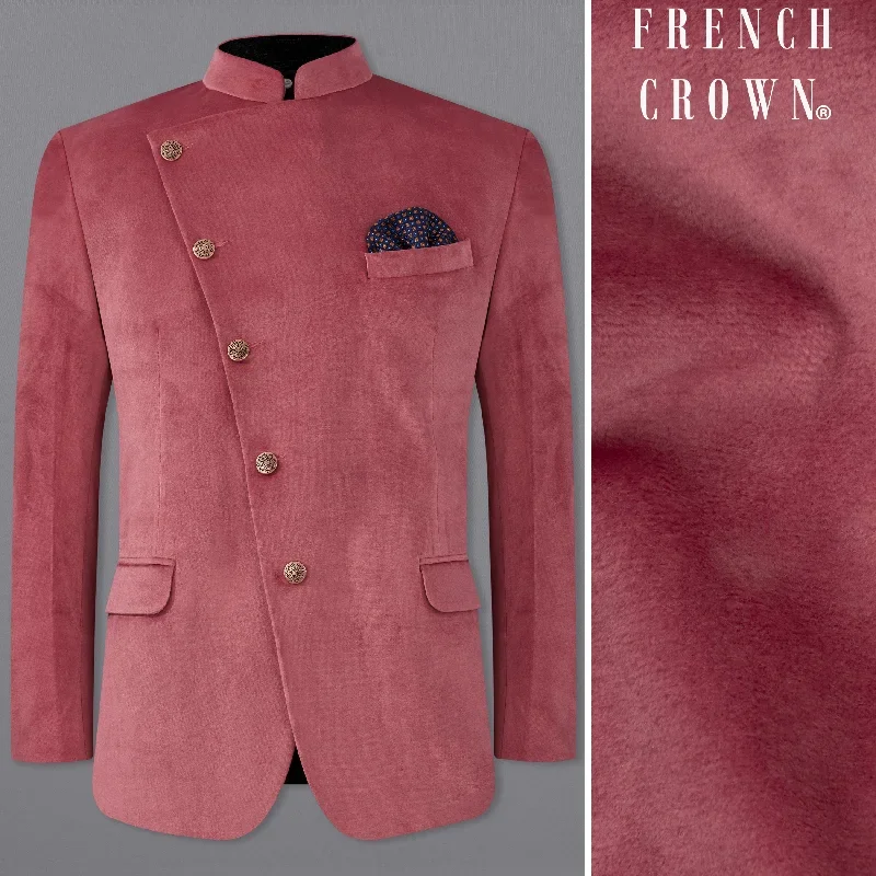 Coral Pink Cross Placket Bandhgala Premium Velvet Designer Blazer