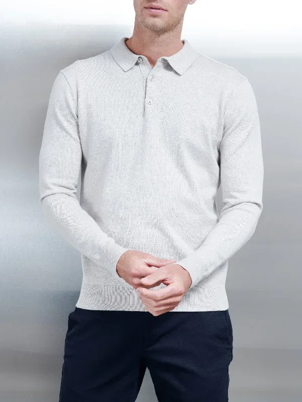 Cotton Knitted Long Sleeve Button Polo Shirt in Oatmeal