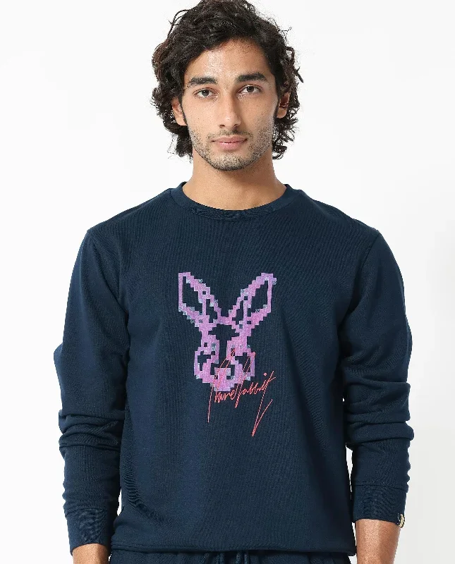 Rare Rabbit Men's Drato Navy Cotton Polyester Terry Fabric Full Sleeves Logo Graphic Print Knitted Sweatshirt