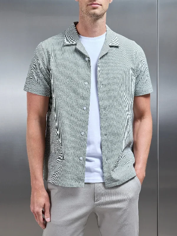 Fine Stripe Short Sleeve Revere Collar Shirt in Sage