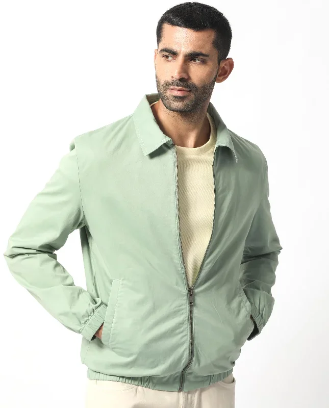 Rare Rabbit Men's Flinsten Dusky Green Plain Broad Collar Twill Jacket