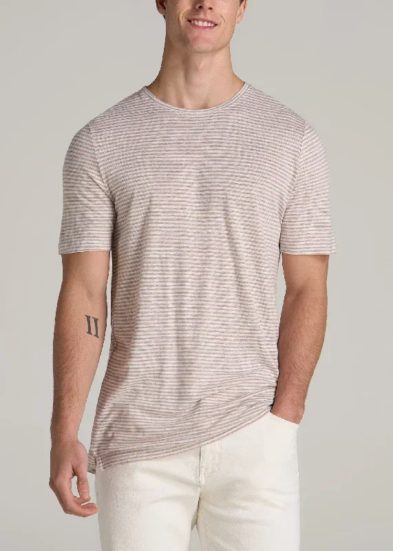 Linen Crewneck T-Shirt for Tall Men in Beige and White Stripe