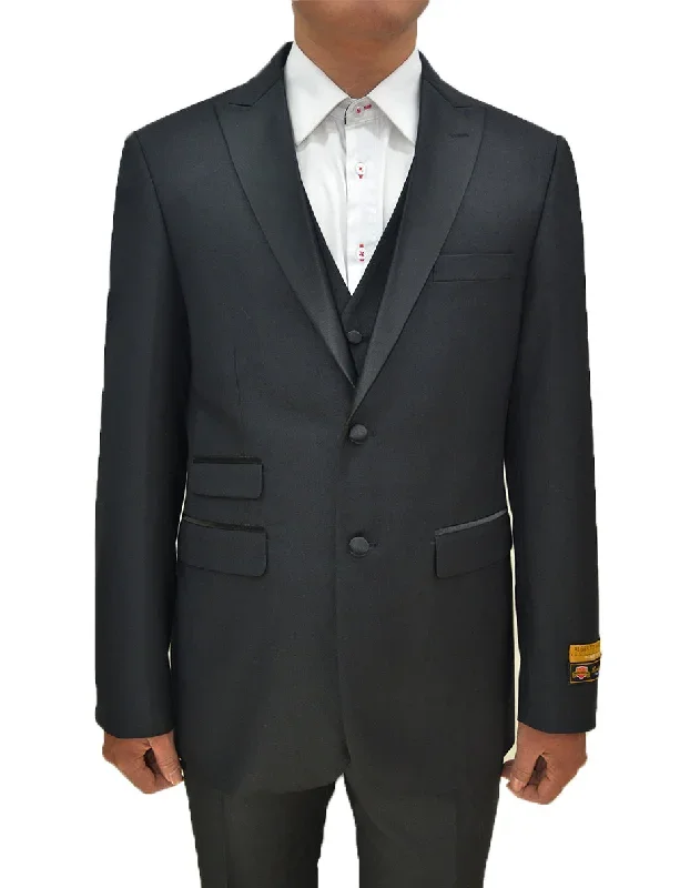 Mens 2 Button Peak Lapel Vested Prom Tuxedo in Black