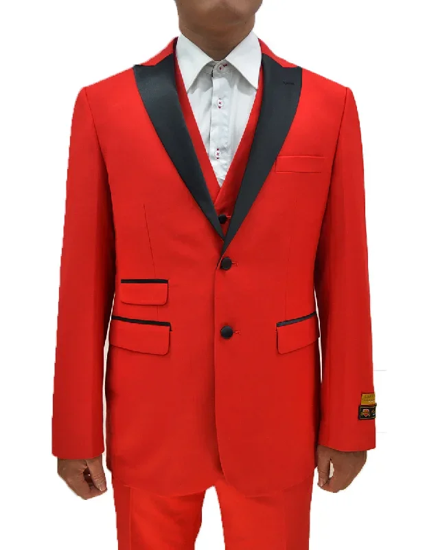 Mens 2 Button Peak Lapel Vested Tuxedo in Red