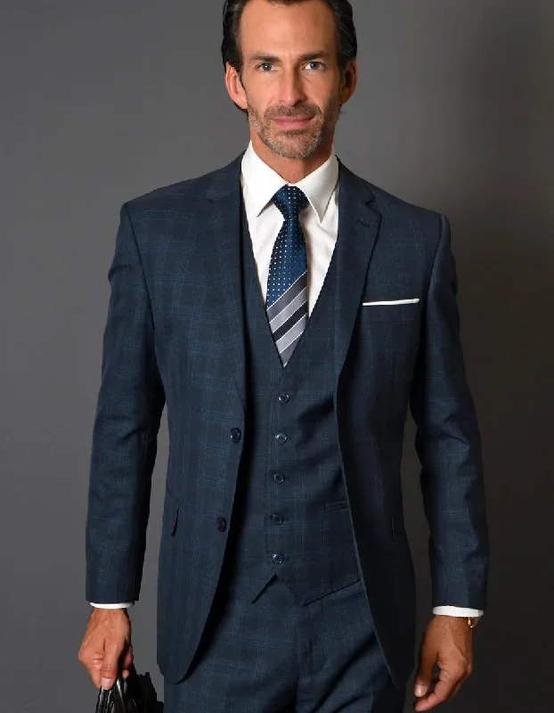 Mens 2 Button Vested Modern Fit Wool Suit in Navy Plaid