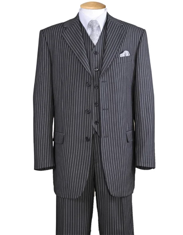 Mens 3 Button Notch Lapel Bold Pinstripe Gangster Suit in Grey