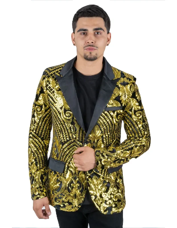 Mens Black & Gold Paisley Sequin Prom Blazer Tuxedo