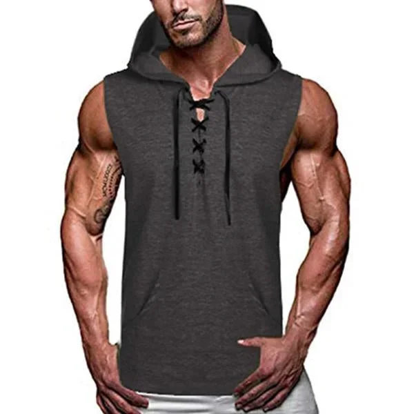 Men's Casual Hooded Solid Color Lace-Up Tank Top 44630439M