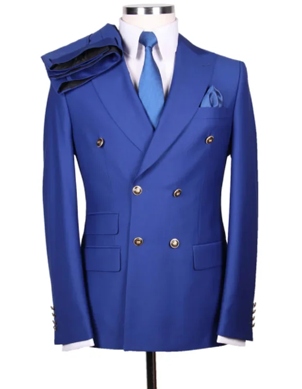 Mens Designer Modern Fit Double Breasted Wool Suit with Gold Buttons in Cobalt Blue