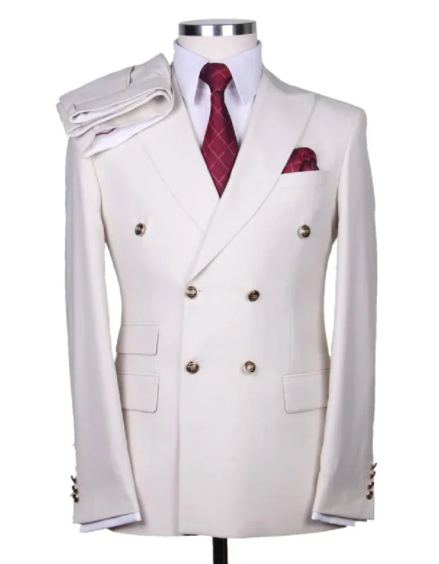 Mens Designer Modern Fit Double Breasted Wool Suit with Gold Buttons in White