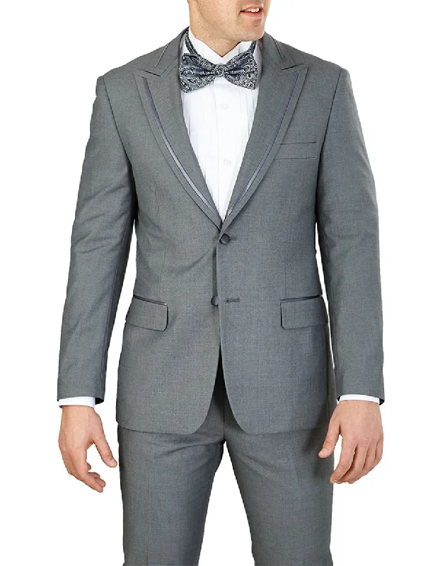 Mens Modern Satin Trim Peak Lapel Tuxedo in Grey