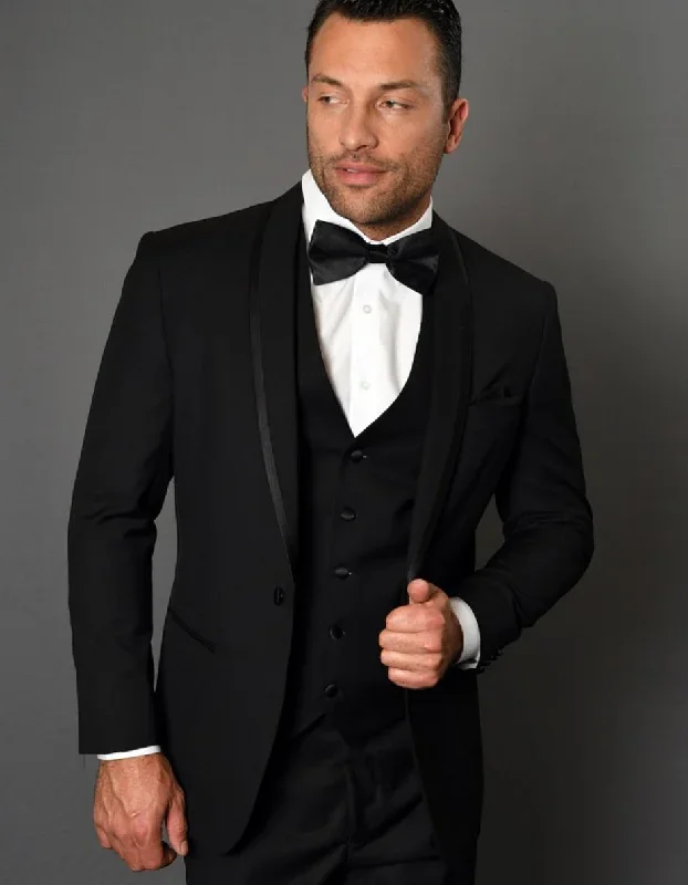 Mens One Button Satin Trim Shawl Tuxedo in Black Wool