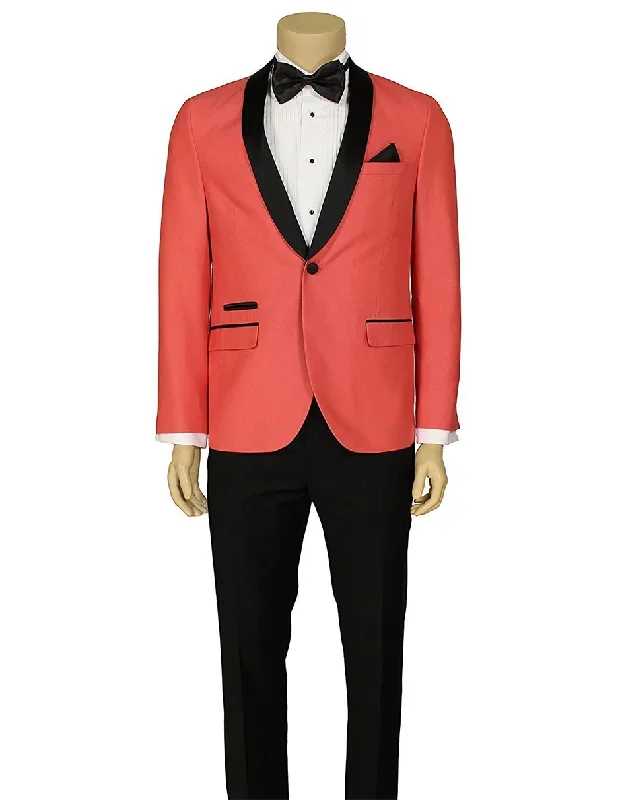 Mens Slim Fit 1 Button Shawl Lapel Tuxedo in Salmon