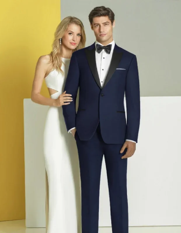 Mens Designer Slim Fit One Button Peak Wedding Tuxedo in Navy