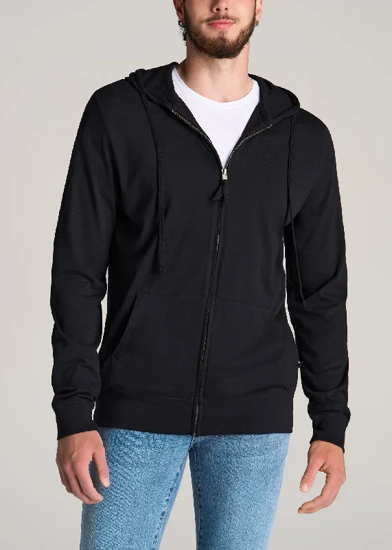 Long Sleeve Full Zip Jersey Hoodie for Tall Men in Black