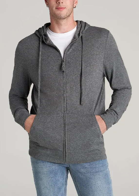 Long Sleeve Full Zip Jersey Hoodie for Tall Men in Charcoal Mix