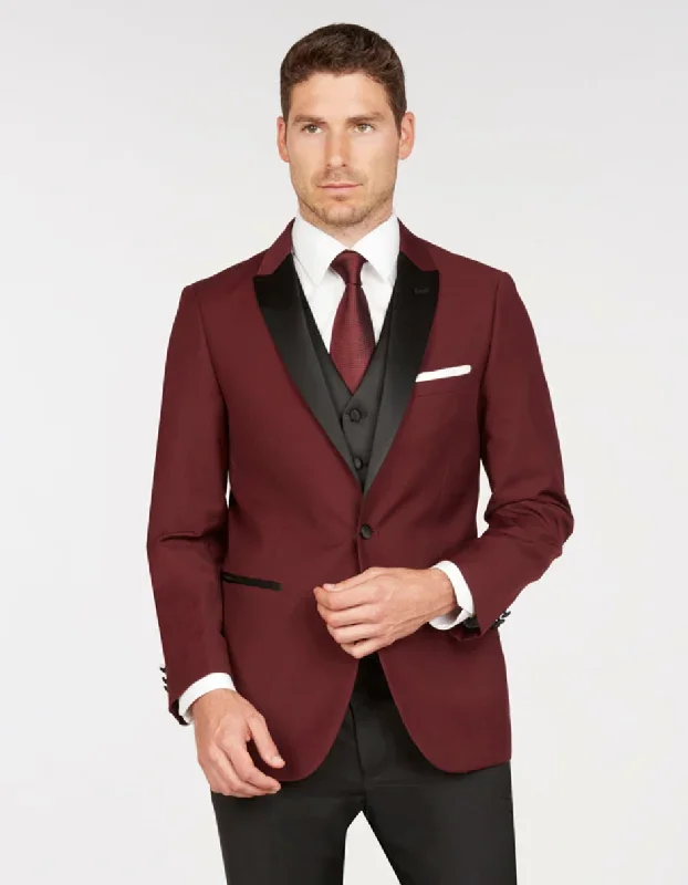 Mens Vested One Button Peak Lapel Tuxedo in Burgundy