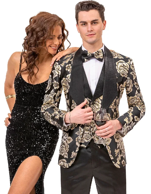 Mens Vested Paisley Prom & Wedding Tuxedo in Black & Gold